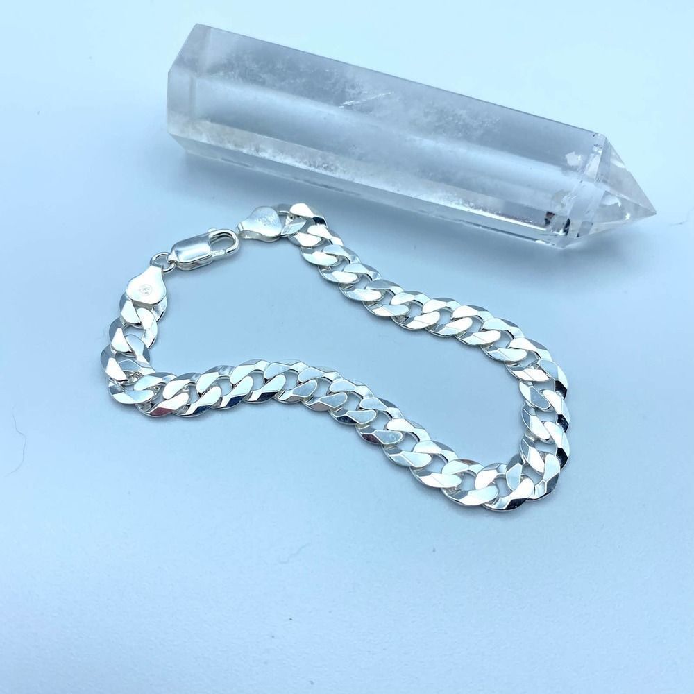 Pave Flat Curb Link Sterling Silver Bracelet 8" unisex